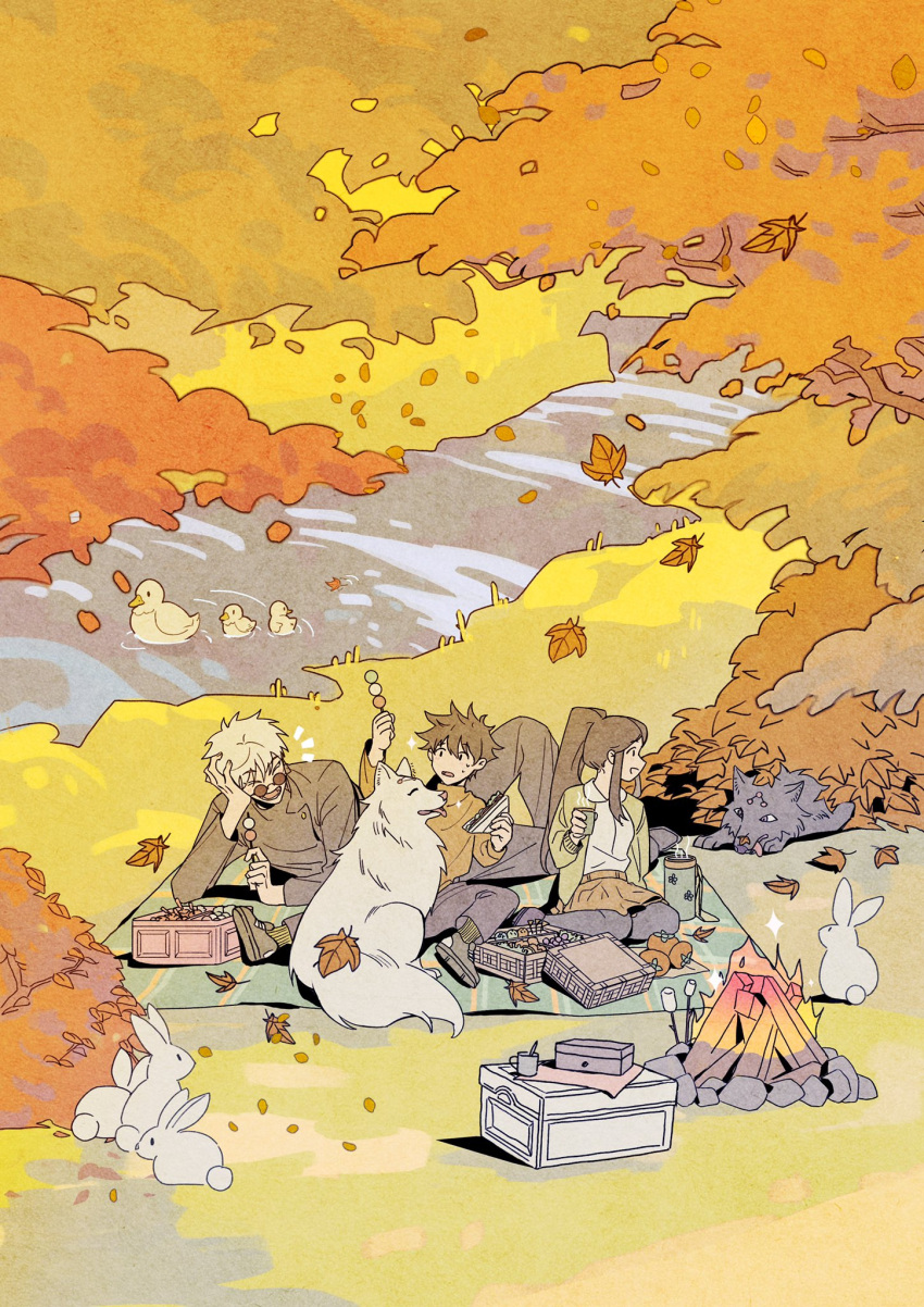 1girl 2boys autumn autumn_leaves bird black_hair black_jacket black_legwear black_pants blanket bread brown_hair brown_skirt campfire cardigan closed_eyes commentary_request cup dango dog duck duckling falling_leaves fire food fruit fushiguro_megumi fushiguro_tsumiki glasses gojou_satoru grass head_rest highres holding holding_cup holding_food hygee_524 jacket jujutsu_kaisen leaf long_hair long_sleeves looking_at_another maple_leaf marshmallow multiple_boys open_mouth outdoors pants picnic picnic_basket ponytail rabbit river sandwich seiza shirt shoes short_hair sitting skirt smile socks spiky_hair step-siblings stick sweatdrop sweater thermos wagashi water white_hair white_shirt