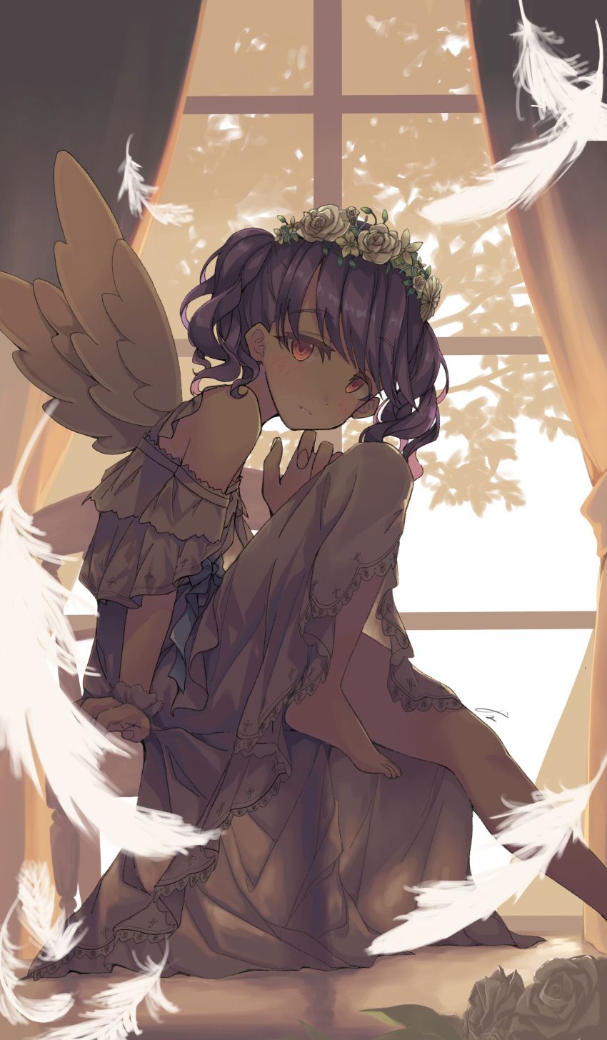 1girl absurdres angel_wings black_hair commentary_request curtains dress feathers flower flower_wreath fukumaru_koito hair_flower hair_ornament highres idolmaster idolmaster_shiny_colors knee_up long_dress looking_at_viewer looking_to_the_side medium_hair off-shoulder_dress off_shoulder sitting solo sorano_eika twintails violet_eyes white_dress window wings