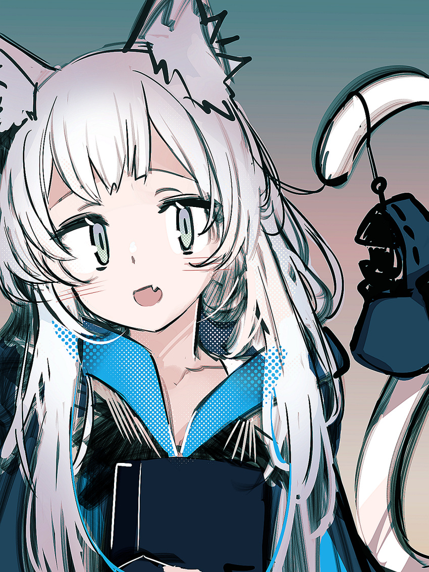 1girl :d animal_ear_fluff animal_ears arknights black_jacket blush cat_ears cat_girl cat_tail character_doll collarbone doctor_(arknights) fang grey_eyes highres jacket long_hair looking_at_viewer rosmontis_(arknights) smile solo tail tail_raised tetuw upper_body very_long_hair white_hair