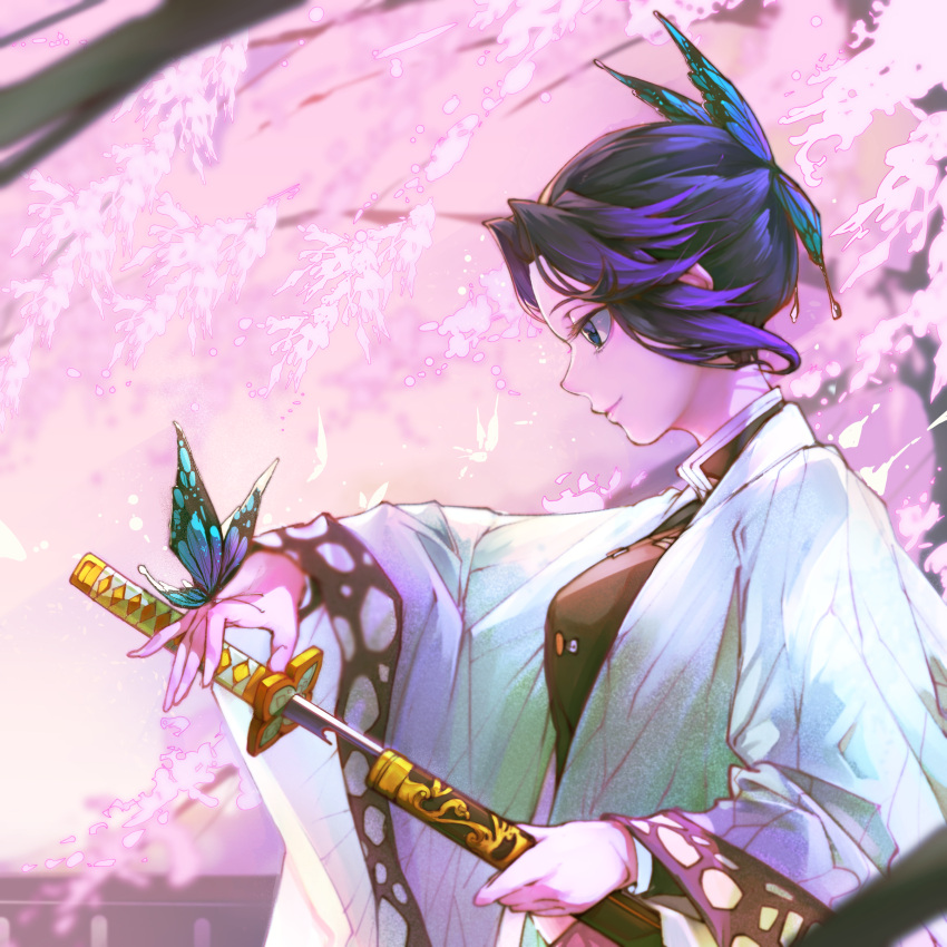 1girl absurdres animal_print bangs belt belt_buckle black_hair black_jacket black_pants blue_butterfly blush branch breast_pocket breasts buckle bug butterfly butterfly_hair_ornament butterfly_on_hand butterfly_print buttons cherry_blossoms closed_mouth commentary_request demon_slayer_uniform from_side hair_ornament haori highres holding holding_sword holding_weapon jacket japanese_clothes katana kimetsu_no_yaiba kochou_shinobu large_breasts multicolored_hair pants parted_bangs patterned_clothing pocket purple_hair rakaiki sheath sidelocks smile solo standing sword two-tone_hair uniform unsheathing violet_eyes weapon white_belt wide_sleeves