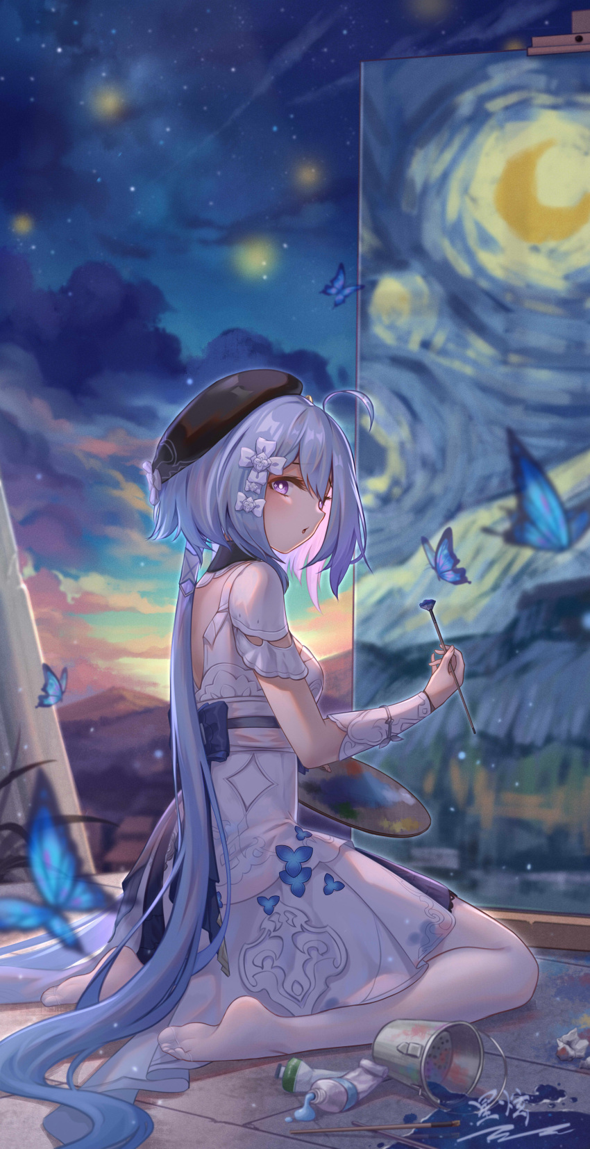 1girl absurdres ahoge bangs barefoot beret blue_butterfly blue_hair bug butterfly clouds cloudy_sky dress full_body griseo hat highres holding holding_brush honkai_(series) honkai_impact_3rd long_hair looking_at_viewer looking_back night night_sky open_mouth painting_(action) painting_(object) palette_(object) pantyhose short_sleeves sitting sky soles solo thighs toes twintails violet_eyes wariza white_dress white_legwear yelan_xing_xuan