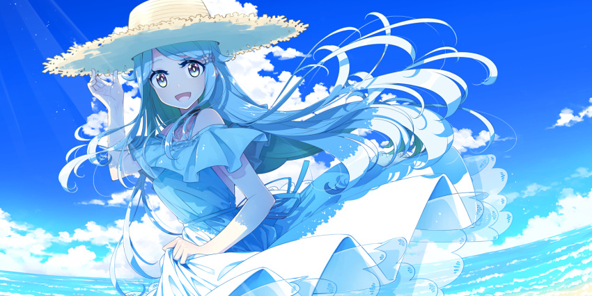 1girl adjusting_clothes adjusting_headwear arm_up bangs blue_background blue_hair blue_sky breasts clouds commentary day dress flipped_hair hair_ornament hairclip happy hat highres imouto_sae_ireba_ii kani_nayuta long_hair looking_at_viewer medium_breasts ocean off-shoulder_dress off_shoulder open_mouth outdoors sakuraba_yuuki sidelocks skirt_hold sky smile solo straw_hat summer sun_hat sunlight two-tone_background upper_body water white_background white_dress yellow_eyes