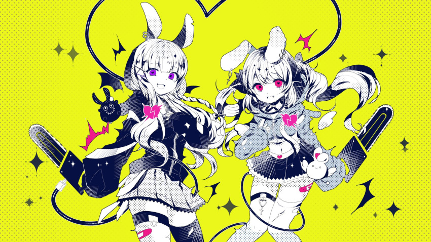 +_+ 2girls angel_wings animal_ears bandaid bat_wings cable chainsaw crop_top ear_piercing earrings fang hand_on_own_chest heart heart-shaped_pupils highres jacket jewelry long_hair multiple_girls open_mouth original piercing pink_eyes rabbit rabbit_ears ribbon skirt smile star_(symbol) symbol-shaped_pupils tearing_up thigh-highs thigh_strap track_jacket violet_eyes wings yuduki