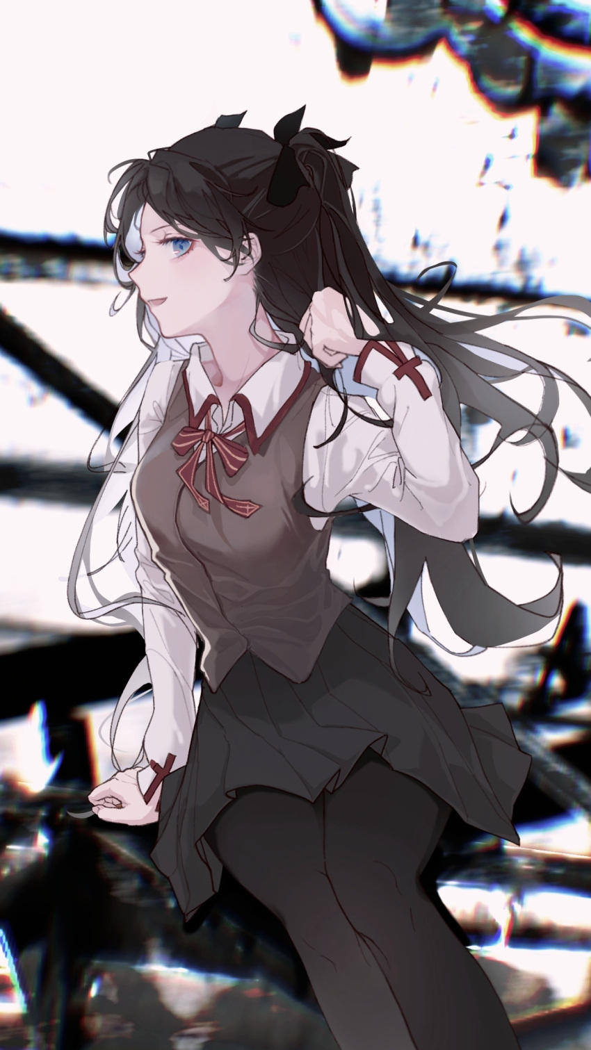 1girl bangs black_hair black_legwear black_skirt blue_eyes brown_vest chinese_commentary collared_shirt commentary_request fate/stay_night fate_(series) feet_out_of_frame hair_ribbon hand_in_own_hair hand_up highres long_hair long_sleeves neck_ribbon nevan_(wvvv222828) open_mouth pantyhose ribbon shirt sitting skirt smile solo tohsaka_rin two_side_up vest white_shirt