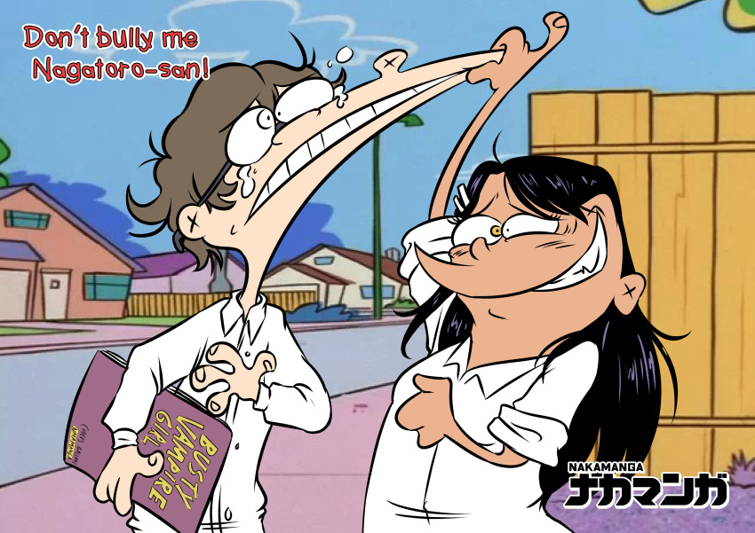 1boy 1girl absurdres arm_up artist_name bangs black_hair blue_sky book brown_eyes cartoon_network cheek_pinching cheek_pull clenched_hand clenched_teeth clouds commentary crossover curly_hair dark-skinned_female dark_skin dress_shirt ed_edd_n_eddy edd_(ed_edd_n_eddy) eddy_(ed_edd_n_eddy) english_commentary english_text fence glasses grin hachiouji_naoto hair_ornament hairclip hand_up highres holding holding_book house ijiranaide_nagatoro-san lamppost long_hair long_sleeves nagatoro_hayase nakamanga outdoors parody pinching road shirt short_hair sky sleeves_rolled_up smile style_parody swept_bangs tearing_up teeth toon_(style) upper_body white_shirt wing_collar