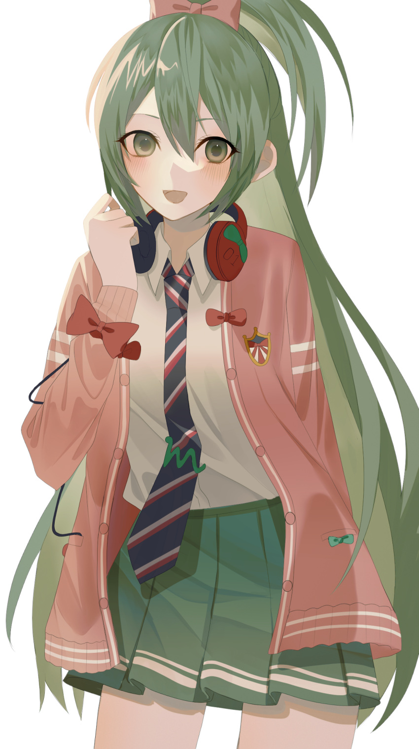 1girl :d arm_behind_back bangs blush bow cable cardigan collared_shirt emblem green_eyes green_hair hair_bow half_updo hand_up hatsune_miku headphones headphones_around_neck highres long_hair long_sleeves looking_at_viewer necktie nonda. open_mouth pleated_skirt ponytail project_diva_(series) ribbon_girl_(module) school_uniform shirt skirt sleeve_bow smile solo striped_necktie tie_clip unbuttoned very_long_hair vocaloid