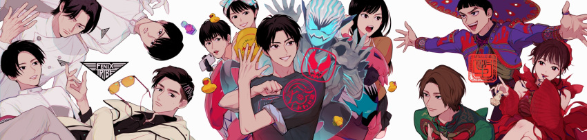 3girls 6+boys aguilera_(kamen_rider_revice) animal_hood back-to-back belt black_hair bow_hairband brother_and_sister brown_hair cellphone clothing_cutout coat commentary_request demon demon_boy evil evil_grin evil_smile family father_and_daughter father_and_son fenix_uniform from_side glasses gloves green_eyes green_jacket grin hair_slicked_back hairband hand_on_another's_shoulder happy_spa hat henshin_pose highres hood husband_and_wife igarashi_daiji igarashi_genta igarashi_ikki igarashi_sakura igarashi_yukimi ink_stamp jacket jewelry julio_(kamen_rider_revice) kadota_hiromi kamen_rider kamen_rider_revi kamen_rider_revice kamen_rider_vice karizaki_george labcoat long_hair male_focus mask mexican_clothes military military_uniform mother_and_daughter mother_and_son mouth_mask multiple_boys multiple_girls necktie ok_sign olteca_(kamen_rider_revice) open_hand outstretched_arms phone pose profile purple_jacket red_eyes rex_genome ring rubber_duck scientist selfie_stick short_hair shoulder_cutout siblings sleeves_rolled_up smartphone smile sombrero spirit spread_arms stamp_mark sunglasses tinted_eyewear tokusatsu tyrannosaurus_rex uniform upper_body vice_(kamen_rider_revice) villain_pose violet_eyes vistamp volleyball wakabayashi_yujiro weapon white_background white_coat white_gloves white_hair wide_image zo_ochi2