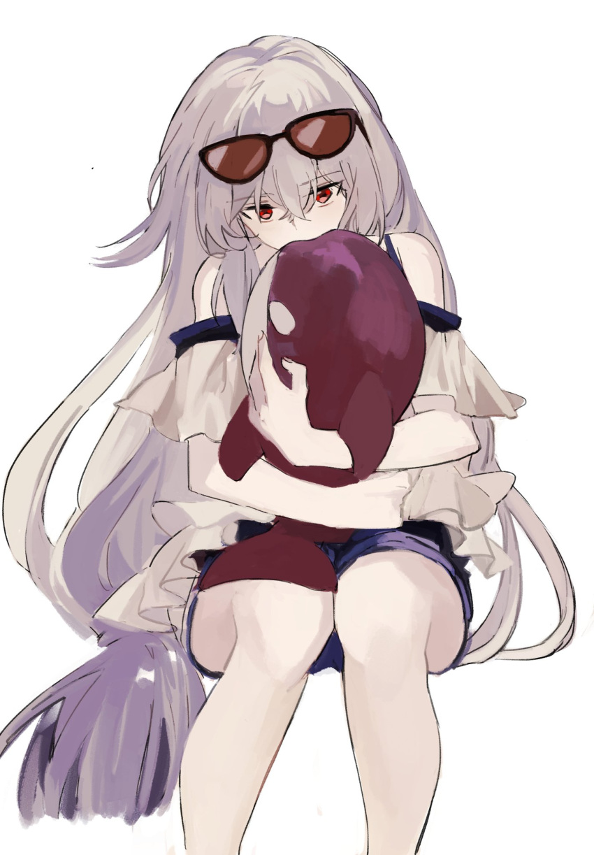 1girl arknights bangs bare_shoulders blue_shorts covered_mouth doll_hug eyewear_on_head feet_out_of_frame grey_hair highres invisible_chair looking_at_viewer marumarukin object_hug red_eyes shorts simple_background sitting skadi_(arknights) skadi_(waverider)_(arknights) solo stuffed_whale sunglasses white_background