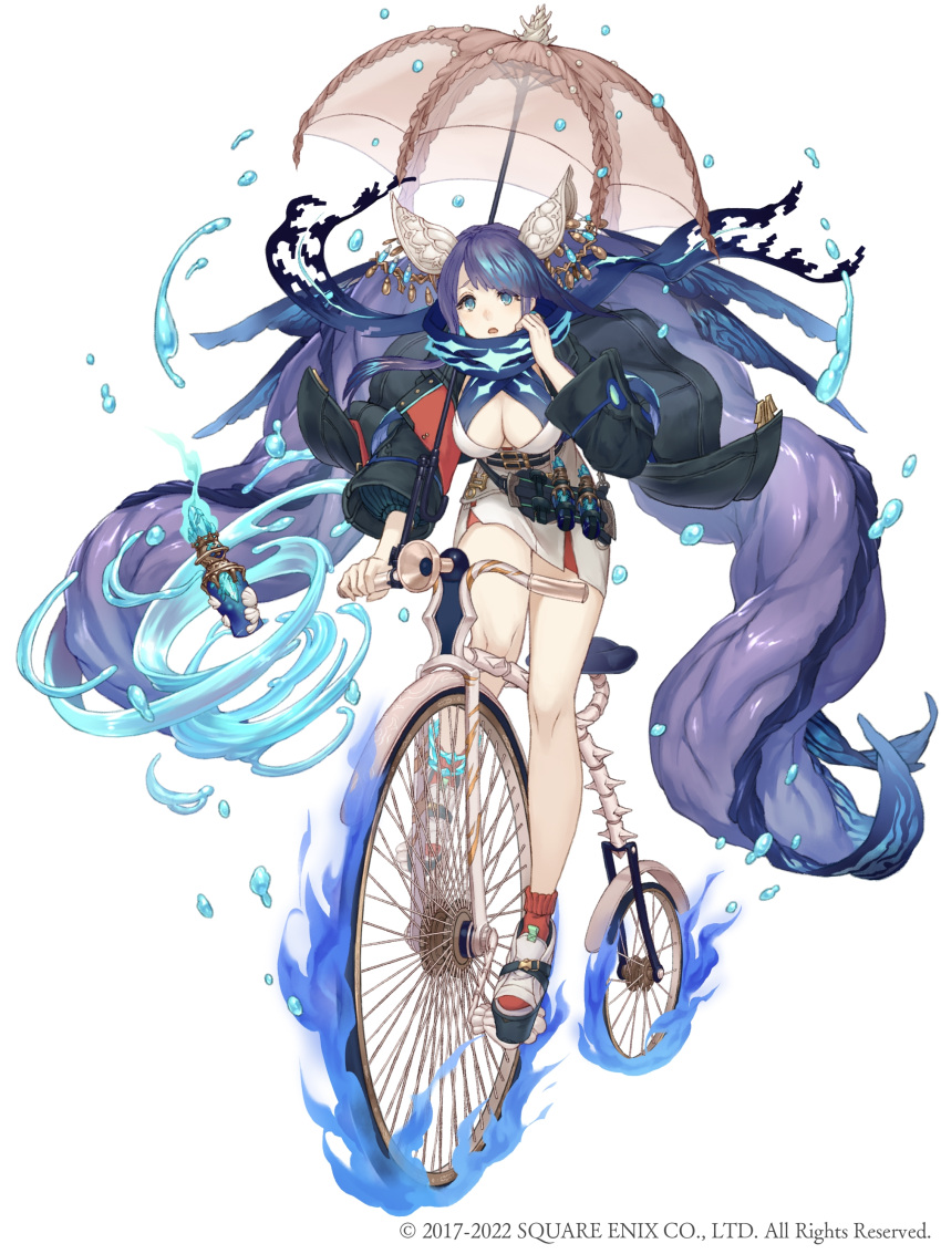 1girl absurdly_long_hair absurdres adjusting_scarf aqua_eyes belt bike_horn bottle breasts cosplay fins full_body highres ji_no large_breasts little_match_girl_(sinoalice) little_match_girl_(sinoalice)_(cosplay) long_hair looking_at_viewer ningyo_hime_(sinoalice) official_art parasol penny-farthing purple_hair scarf sinoalice solo square_enix umbrella very_long_hair water white_background