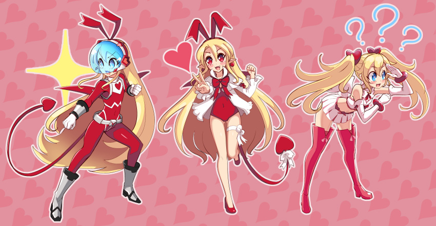 1girl absurdres angel blonde_hair blue_eyes blush bodysuit boots bow bracelet clenched_hand crop_top demon_tail demon_wings detached_sleeves disgaea earrings elbow_gloves fang flat_chest flonne flonne_(fallen_angel) full_body gloves hair_ornament hairband heart heart_hair_ornament highres jewelry jumping leg_ribbon leotard long_hair magical_girl midriff miniskirt multiple_persona navel nicecream open_mouth outstretched_arm pink_bow pink_eyes pink_footwear pink_legwear pointy_ears red_bodysuit red_bow red_eyes red_footwear red_hairband red_leotard ribbon skirt smile solo standing standing_on_one_leg tail tail_ornament tail_ribbon thigh-highs thigh_boots thigh_ribbon twintails very_long_hair visor wide_sleeves wings zettai_ryouiki