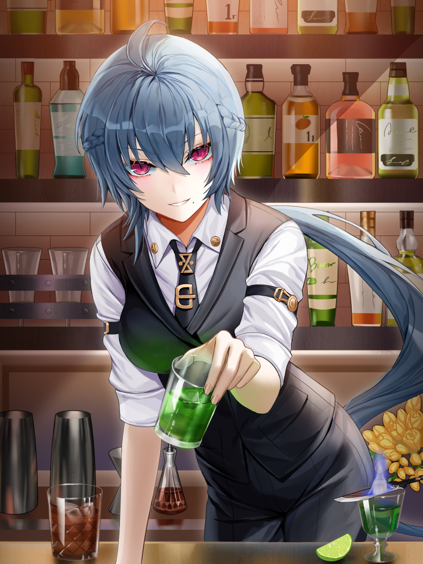 1girl :d absurdres ahoge alcohol bangs bartender black_hair black_necktie black_pants black_vest bottle collared_shirt cup drinking_glass fire flower food formal fruit grin hair_between_eyes highres holding holding_cup honkai_(series) honkai_impact_3rd knife lime_(fruit) lime_slice lloule long_hair looking_at_viewer mole mole_under_mouth necktie open_mouth pants ponytail raven_(honkai_impact) shirt sleeves_rolled_up smile solo table teeth vest violet_eyes white_shirt wine wine_bottle wine_glass yellow_flower