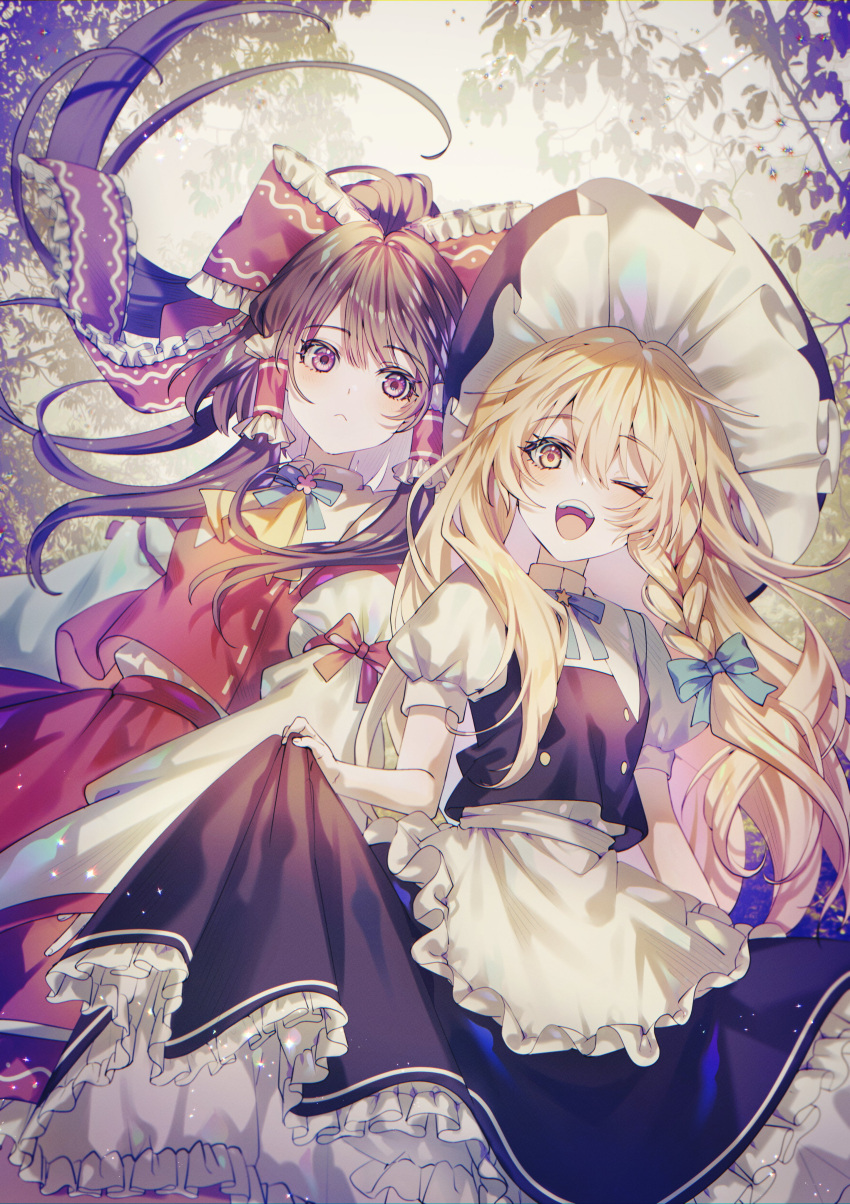 2girls :&lt; absurdres apron ascot bangs black_skirt black_vest blonde_hair blush bow braid brown_eyes brown_hair commentary_request detached_sleeves frilled_apron frilled_bow frilled_hair_tubes frills green_ribbon hair_between_eyes hair_bow hair_ribbon hair_tubes hakurei_reimu hat here_(hr_rz_ggg) highres kirisame_marisa long_hair long_sleeves looking_at_viewer multiple_girls nontraditional_miko one_eye_closed open_mouth puffy_short_sleeves puffy_sleeves red_skirt red_vest ribbon shirt short_sleeves sidelocks single_braid skirt teeth tongue touhou tress_ribbon upper_teeth vest white_apron white_shirt witch_hat yellow_ascot yellow_eyes