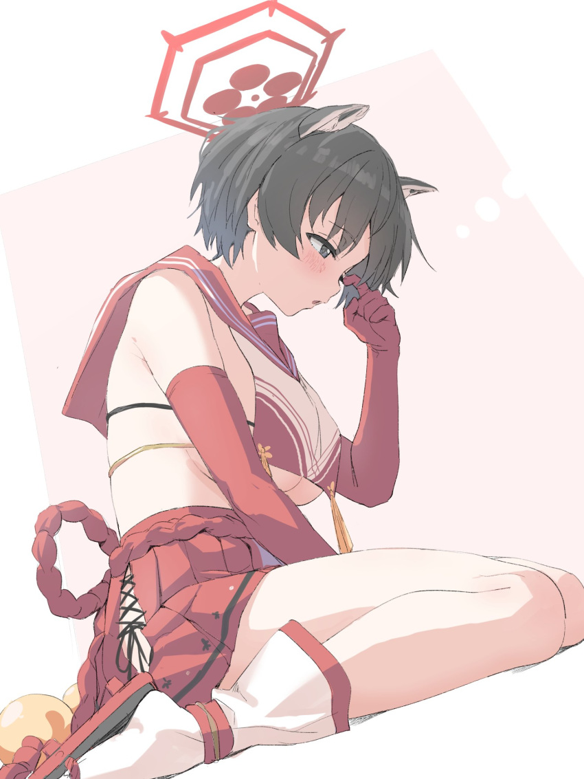 1girl animal_ears black_eyes black_hair blue_archive blush breasts elbow_gloves from_side gloves highres large_breasts red_gloves red_skirt revealing_clothes sandals short_hair sideboob sincos sitting skirt socks solo tsubaki_(blue_archive) under_boob very_short_hair