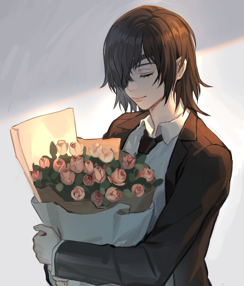 1girl absurdres bangs black_hair black_jacket black_necktie bouquet chainsaw_man closed_eyes collared_shirt eyepatch flower formal from_side grey_background hair_over_one_eye highres himeno_(chainsaw_man) holding holding_bouquet jacket katsuyaatorz long_sleeves necktie one_eye_covered shirt short_hair smile solo standing swept_bangs tulip upper_body white_shirt