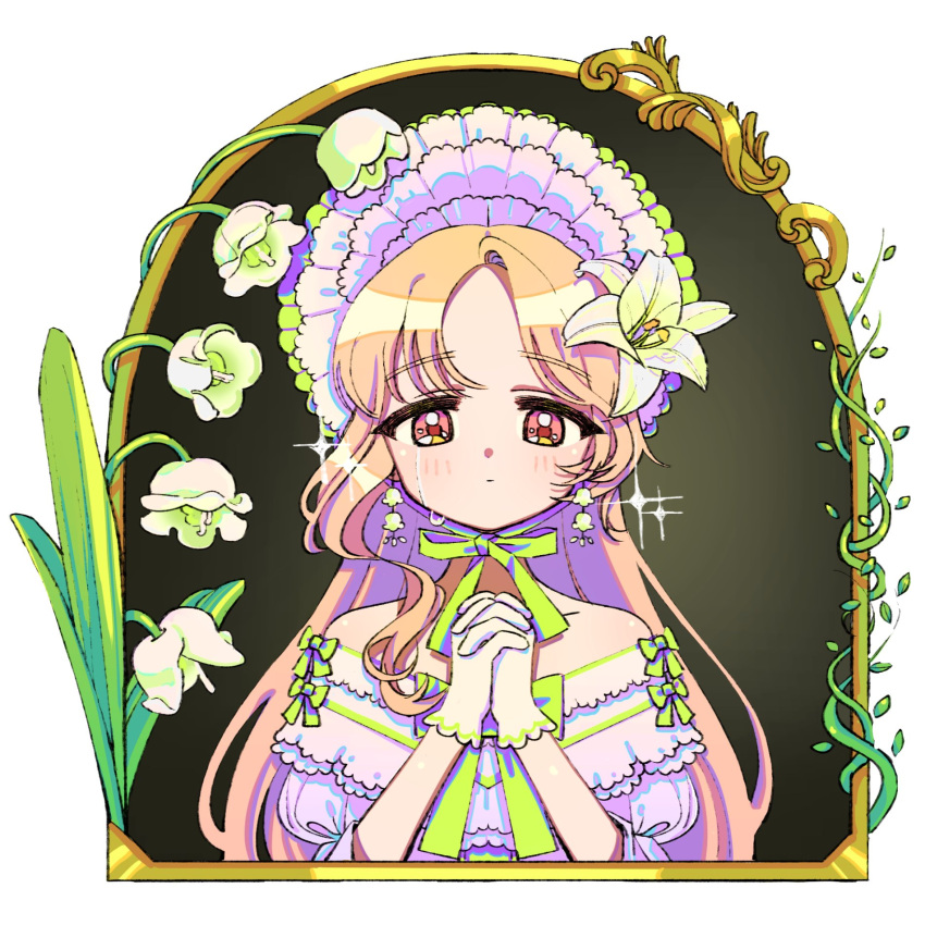 1girl bangs blonde_hair blush bonnet crying dress earrings flower flower_earrings frills frown gloves hair_flower hair_ornament hands_up highres jewelry lily_of_the_valley long_hair looking_at_viewer off-shoulder_dress off_shoulder original own_hands_clasped own_hands_together parted_bangs picture_frame pink_eyes plant puffy_short_sleeves puffy_sleeves q_yan31 ribbon short_sleeves sleeve_bow solo sparkle thick_eyebrows vines