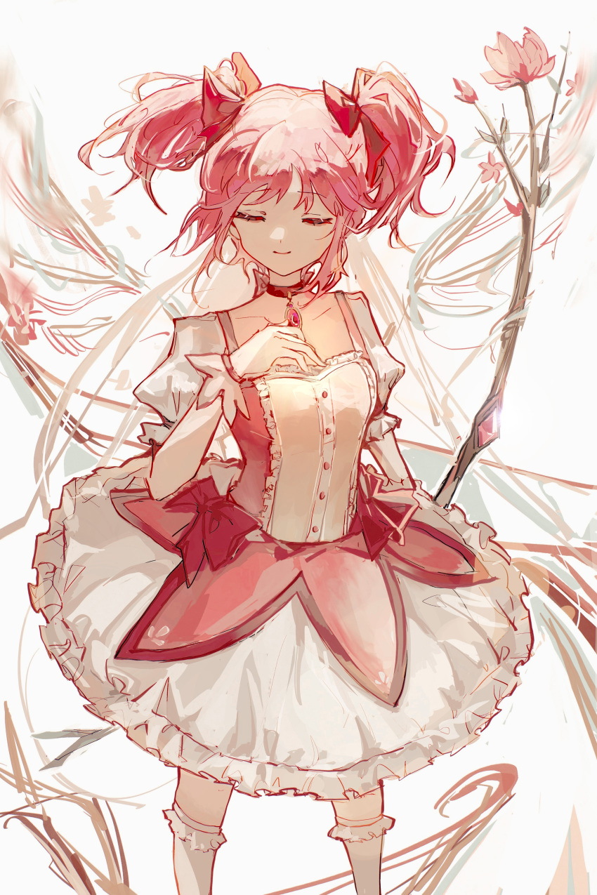1girl absurdres bow bubble_skirt choker closed_eyes collarbone diaoguateng dress dress_bow eyebrows_visible_through_hair facing_viewer feet_out_of_frame frilled_legwear gloves hair_bow hand_on_own_chest hand_up highres kaname_madoka kneehighs magical_girl mahou_shoujo_madoka_magica pendant_choker pink_dress pink_hair puffy_short_sleeves puffy_sleeves red_choker short_hair short_sleeves short_twintails skirt smile solo standing twintails weapon weapon_on_back white_gloves white_legwear