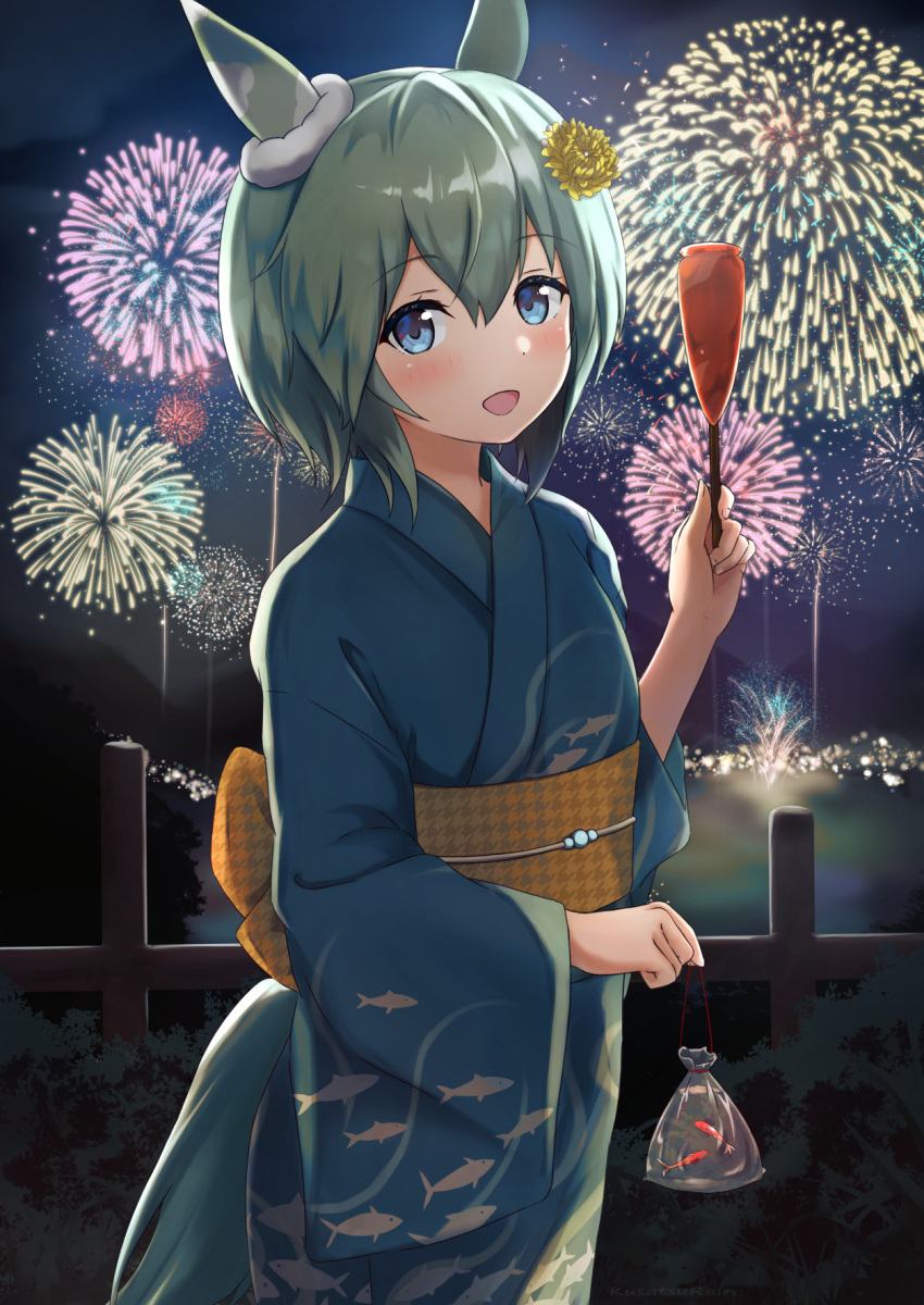 1girl amano_kusatsu animal_ears bag bagged_fish blue_eyes blue_kimono ear_covers eyebrows_visible_through_hair festival fireworks fish green_hair hair_between_eyes hair_ornament hairclip highres horse_ears horse_girl horse_tail japanese_clothes kimono looking_at_viewer obi obijime sash seiun_sky_(umamusume) single_ear_cover solo tail umamusume wide_sleeves yukata