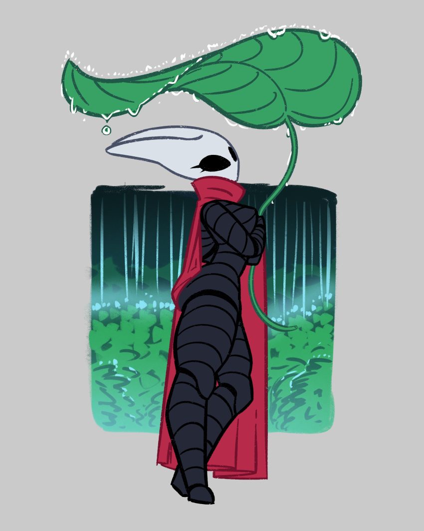 1girl absurdres black_bodysuit black_eyes bodysuit cape contrapposto highres holding holding_leaf hollow_knight hornet_(hollow_knight) leaf loen looking_at_viewer rain red_cape solo standing