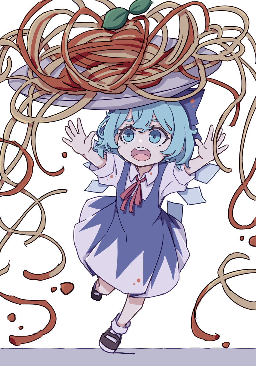 1girl absurdres black_footwear blue_bow blue_dress blue_eyes blue_hair bow cirno collared_shirt detached_wings dress fairy food full_body hair_between_eyes hair_bow highres ice ice_wings kame_(kamepan44231) one-hour_drawing_challenge open_mouth pasta puffy_short_sleeves puffy_sleeves round_teeth shirt shoes short_hair short_sleeves solo spaghetti teeth touhou upper_teeth white_shirt wings