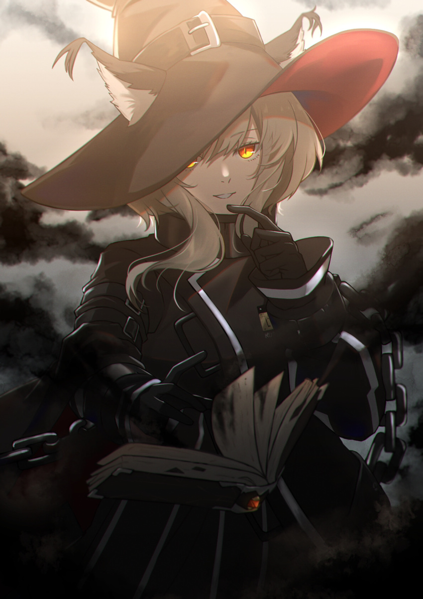 1girl animal_ears arknights black_coat black_gloves book cat_ears chain coat cuffs darkness ears_through_headwear floating floating_book floating_object gloves grey_hair hat haze_(arknights) highres q_89umi shackles slit_pupils smile witch_hat yellow_eyes