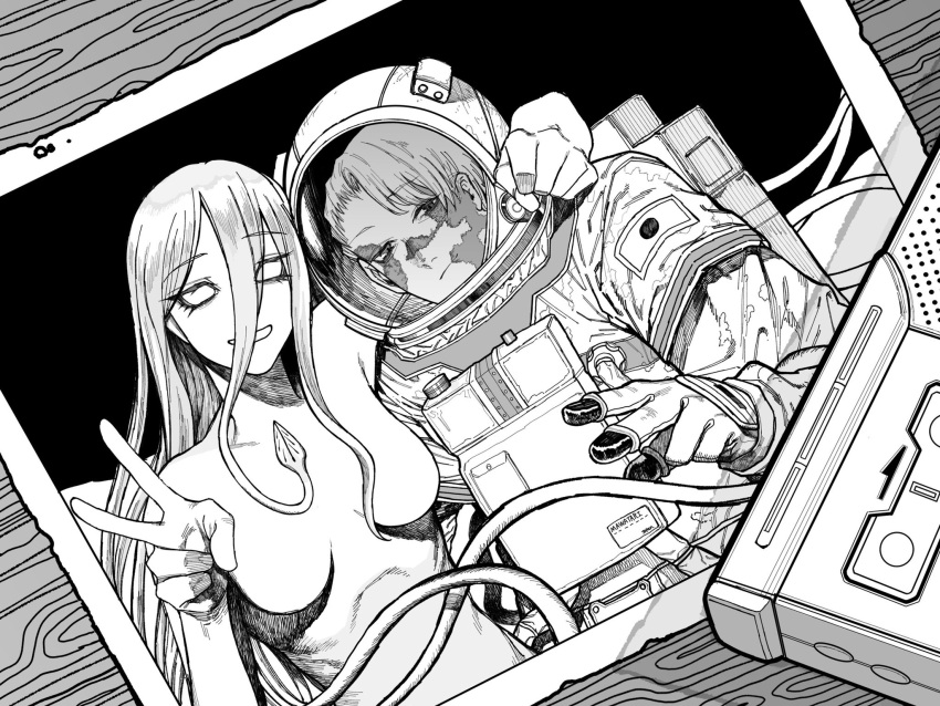 1boy 1girl alien arm_around_shoulder astronaut burn_scar cable character_name closed_mouth crack eyebrows_visible_through_hair eyelashes eyes_visible_through_hair greyscale hair_between_eyes hatching_(texture) highres japanese_flag light_smile long_eyelashes long_hair monochrome no_pupils noririn4696 open_mouth original photo_(object) scar smile space space_helmet tape_recorder tentacle_hair v w