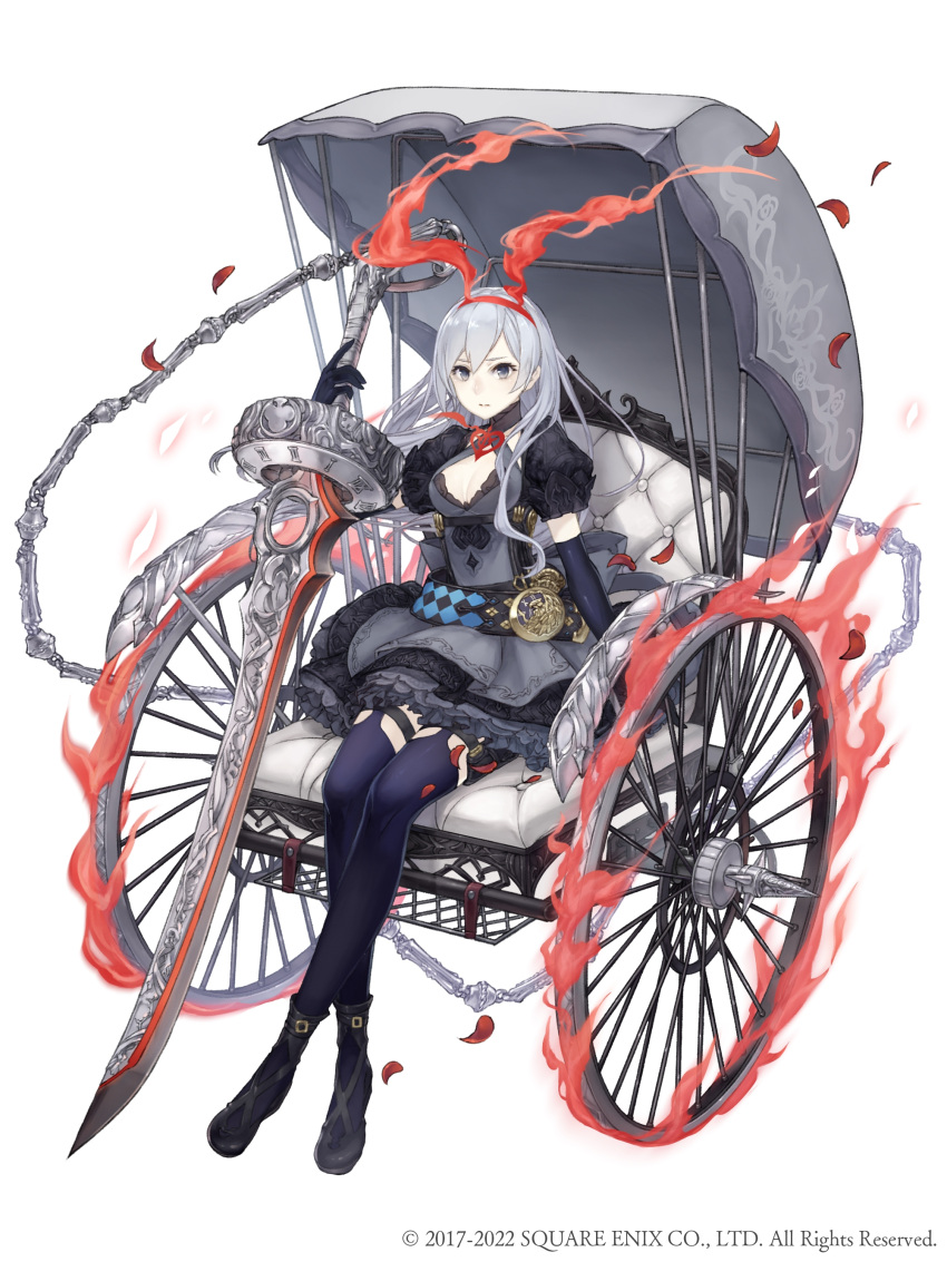 1girl absurdres alice_(sinoalice) alice_(sinoalice)_(cosplay) belt black_dress chain chariot cosplay dress elbow_gloves eyebrows_visible_through_hair frilled_dress frills full_body garter_straps gloves grey_eyes grey_hair hairband highres holding holding_weapon ji_no juliet_sleeves long_hair long_sleeves looking_at_viewer official_art petals puffy_sleeves sinoalice snow_white_(sinoalice) solo square_enix sword thigh-highs weapon white_background