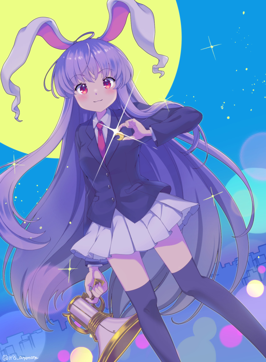 1girl :3 ahoge animal_ears bangs black_legwear blush breasts buttons collared_shirt commentary_request crescent crescent_pin full_moon gun highres holding holding_gun holding_weapon iris_anemone long_hair long_sleeves looking_at_viewer lunatic_gun medium_breasts miniskirt moon necktie pleated_skirt purple_hair rabbit_ears red_eyes red_necktie reisen_udongein_inaba shirt sidelocks skirt smile sparkle suit_jacket thigh-highs touhou twitter_username weapon white_skirt