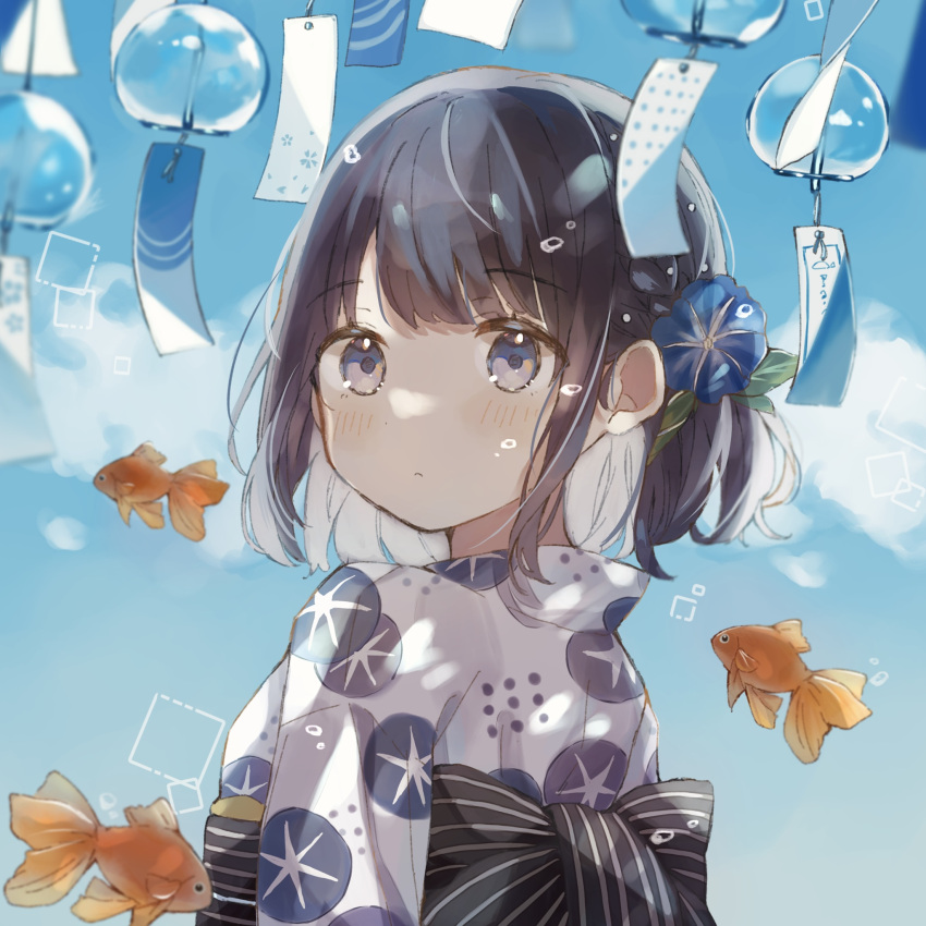 1girl animal back_bow bangs black_bow black_hair blue_eyes blue_flower blue_sky blush bow closed_mouth clouds commentary_request day eyebrows_visible_through_hair fish floral_print flower flying_fish from_side goldfish hair_flower hair_ornament highres japanese_clothes kimono looking_at_viewer looking_to_the_side obi original outdoors print_kimono sash shano-pirika sky solo striped striped_bow summer upper_body white_kimono wind_chime