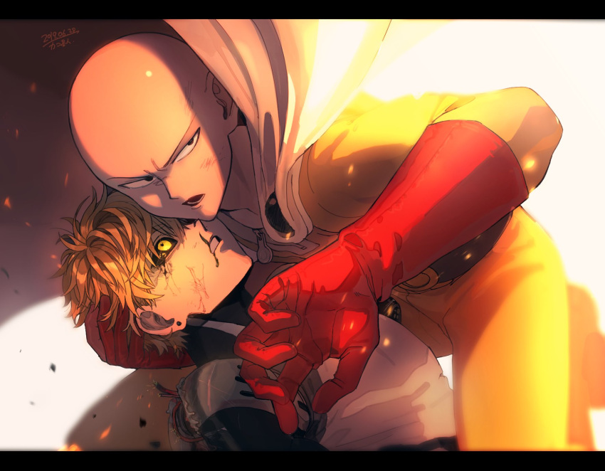 2boys bald black_sclera blonde_hair blood blood_from_mouth bodysuit cape colored_sclera dated genos gloves highres kani_seijin male_focus multiple_boys one-punch_man open_mouth red_gloves saitama_(one-punch_man) shiny shiny_skin short_hair white_cape yellow_bodysuit yellow_eyes