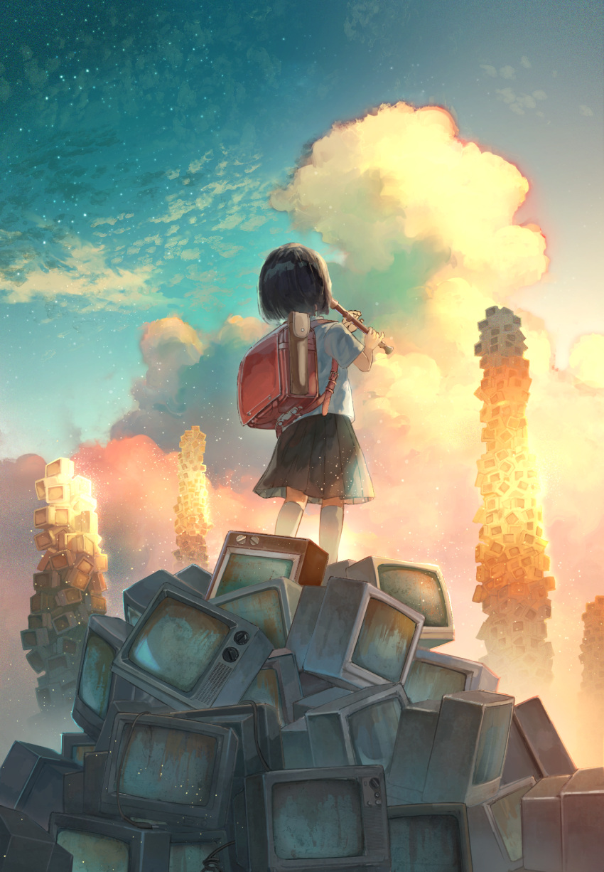 1girl backpack bag black_hair child clouds cloudy_sky collared_shirt fantasy from_behind hands_up highres instrument music original outdoors playing_instrument pleated_skirt randoseru recorder rust sakura_inu_(itoyatomo) school_uniform shirt short_hair skirt sky socks solo stack star_(sky) starry_sky sunset television too_many