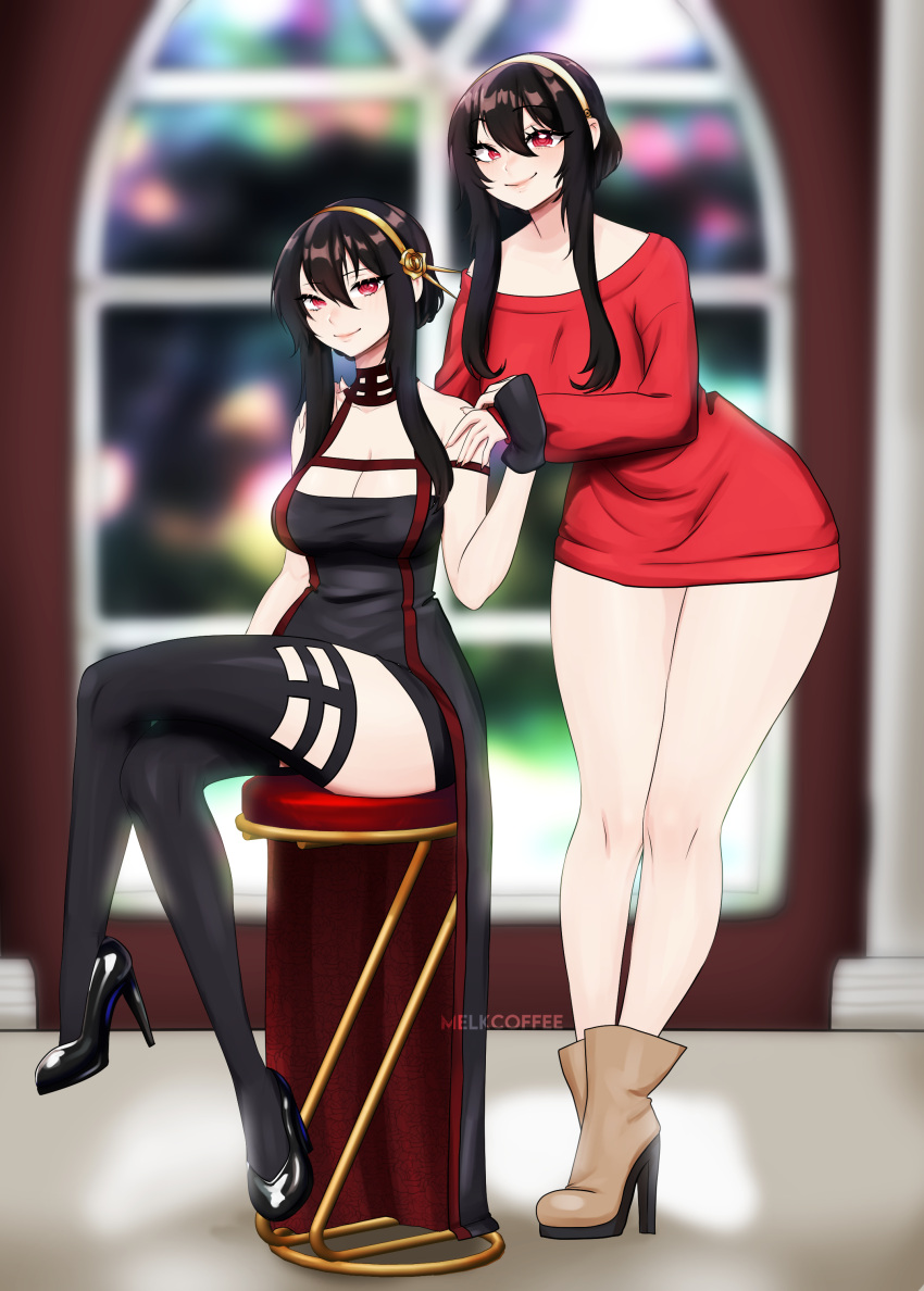 2girls absurdres bad_source bangs black_dress black_hair breasts dress earrings hair_ornament hairband highres holding jewelry large_breasts long_hair looking_at_viewer melkcoffee multiple_girls red_eyes self_upload sidelocks smile spy_x_family yor_briar