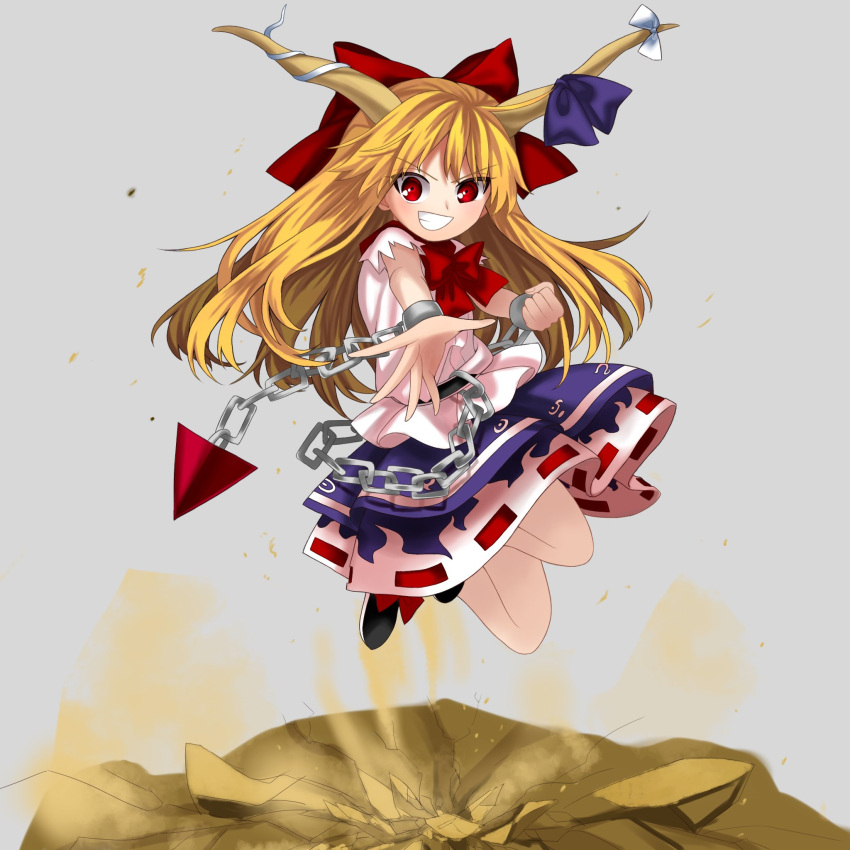 1girl black_footwear blonde_hair bow chain clenched_hand commentary_request crater cuffs full_body grey_background grin hair_bow harukawa_moe_(style) highres horn_ornament horn_ribbon horns ibuki_suika keiki8296 layered_skirt long_hair oni_horns orange_hair purple_skirt red_bow red_eyes red_ribbon ribbon rock shackles shirt shoes sidelocks simple_background skirt sleeveless sleeveless_shirt smile socks solo touhou v-shaped_eyebrows very_long_hair white_legwear white_ribbon white_shirt