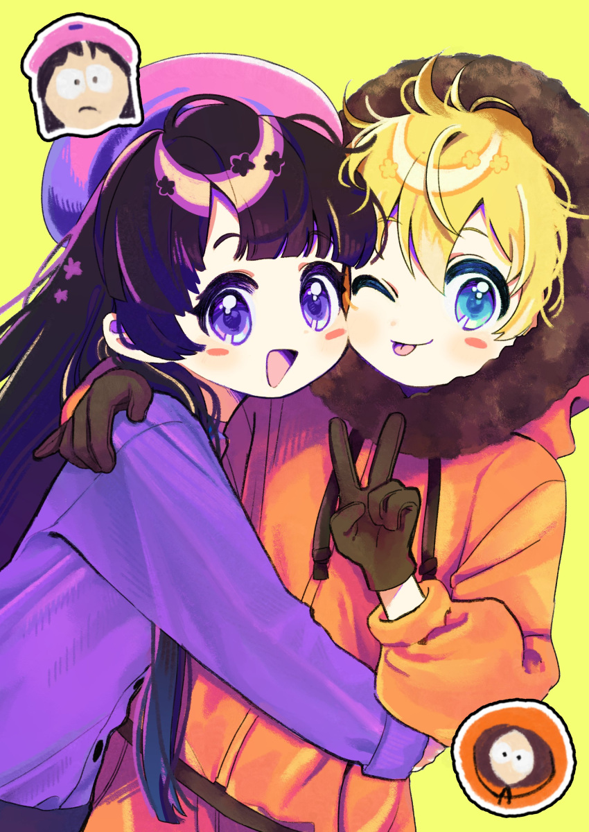1boy 1girl :d :p absurdres bangs belt beret black_hair blonde_hair blue_eyes blunt_bangs blush_stickers chibi chibi_inset fur_collar gloves hand_on_another's_shoulder hat highres hood hood_up hoodie hug kenny_mccormick long_hair long_sleeves looking_at_viewer one_eye_closed open_mouth q_yan31 short_hair smile south_park thick_eyebrows tongue tongue_out v violet_eyes wendy_testaburger yellow_background