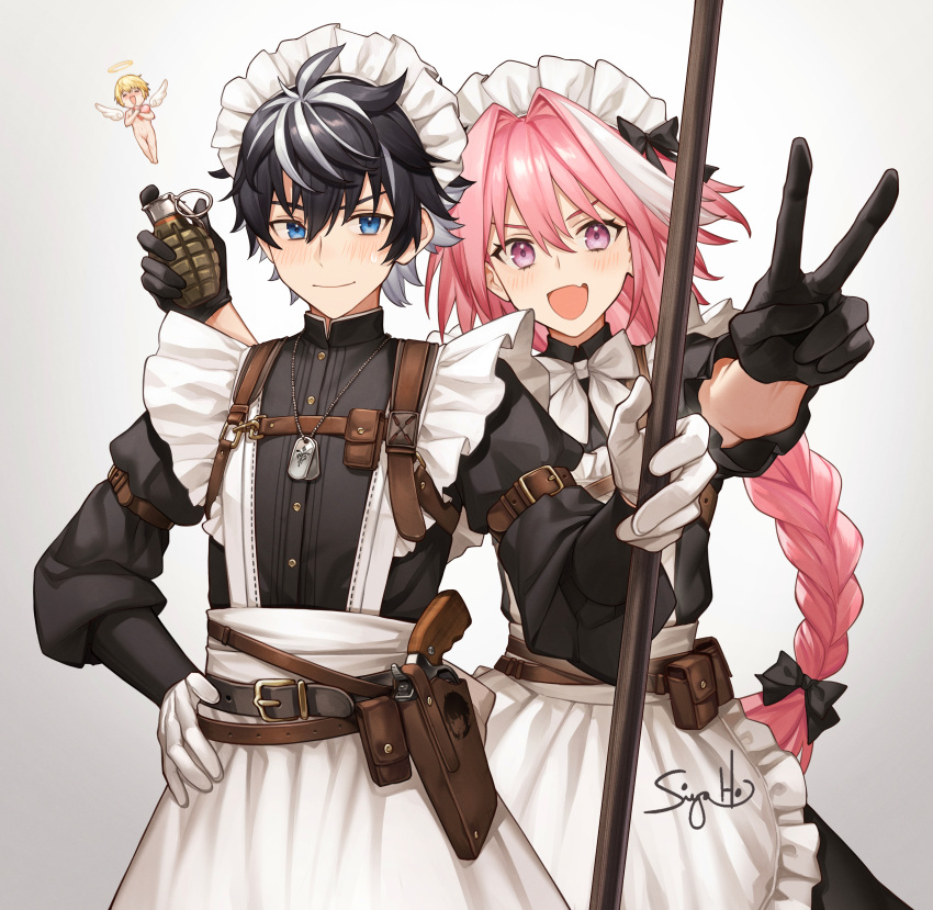 2boys absurdres alternate_costume astolfo_(fate) black_gloves black_hair blue_eyes bow braid charlemagne_(fate) dog_tags enmaided explosive eyebrows_visible_through_hair fang fate/grand_order fate_(series) gloves grenade hair_between_eyes hair_bow happy highres holster long_hair looking_at_viewer maid maid_headdress male_focus multiple_boys open_mouth otoko_no_ko pink_hair puffy_short_sleeves puffy_sleeves short_sleeves signature siya_ho smile solo v violet_eyes white_gloves