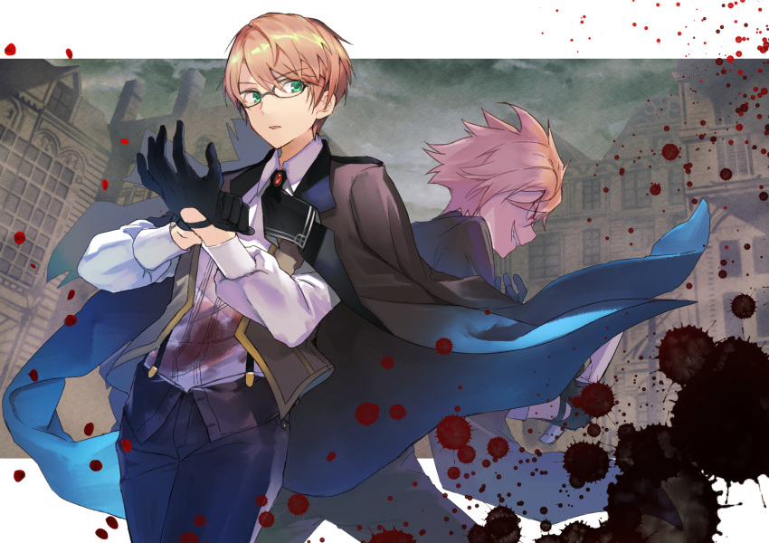 2boys adjusting_clothes adjusting_gloves ascot back-to-back black_ascot black_gloves black_pants blonde_hair blood blood_on_clothes blood_splatter brooch brown_jacket brown_vest building collared_shirt cowboy_shot dual_persona fate/grand_order fate_(series) glasses gloves green_eyes grin hayama_eishi highres holding holding_knife jacket jacket_on_shoulders jekyll_and_hyde_(fate) jewelry knife letterboxed looking_ahead looking_at_viewer male_focus multiple_boys open_clothes open_vest outside_border pants parted_lips petals pixiv_fate/grand_order_contest_2 profile red_eyes shirt short_hair sideways_glance smile spiky_hair suspenders v-shaped_eyebrows vest white_shirt