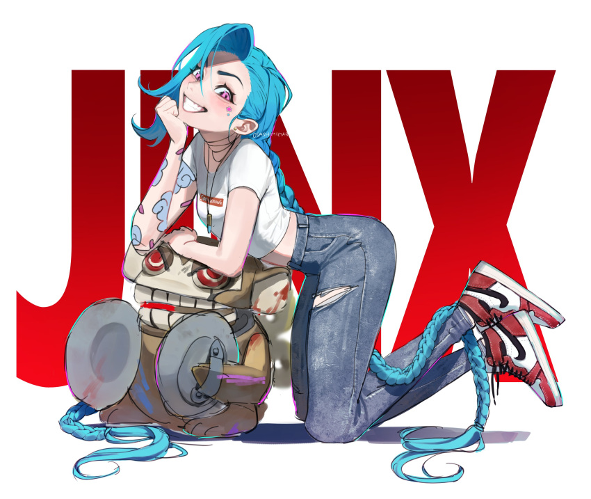 1girl absurdres arcane:_league_of_legends arm_tattoo blue_hair braid commentary_request denim highres jeans jinx_(league_of_legends) league_of_legends long_hair looking_at_viewer pants shirt shoes simple_background smile sneakers solo tattoo teeth very_long_hair white_background white_shirt wosashimi