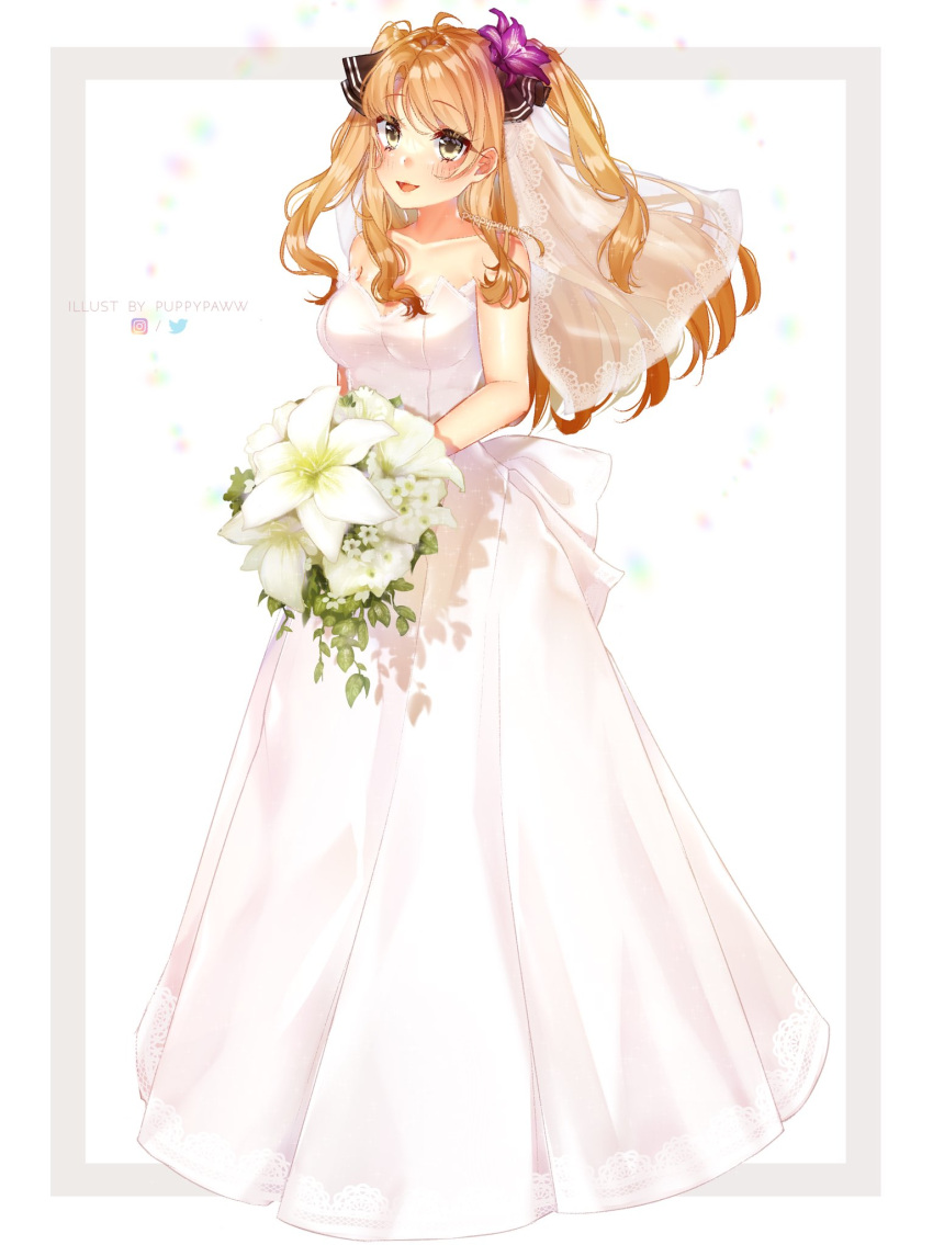 1girl ao_no_kanata_no_four_rhythm artist_name bangs bare_arms bare_shoulders blonde_hair blush bouquet breasts bridal_veil brown_eyes commission dress eyebrows_visible_through_hair flower hair_flower hair_ornament hair_ribbon highres holding holding_bouquet holding_flower instagram_logo long_hair looking_at_viewer open_mouth puppypaww purple_flower ribbon satouin_reiko simple_background sleeveless sleeveless_dress smile solo star_(symbol) star_in_eye symbol_in_eye twitter_logo veil wedding_dress white_background white_dress white_flower
