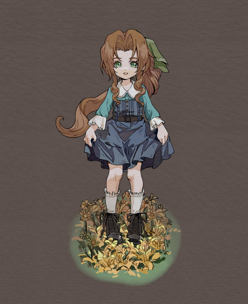 aerith_gainsborough aqua_shirt bangs belt blue_dress brown_hair buttons child clothes_lift dress dress_lift final_fantasy final_fantasy_vii final_fantasy_vii_remake flower frilled_legwear frilled_sleeves frills full_body green_eyes grey_background hair_ribbon highres long_hair namelessdm open_mouth parted_bangs ponytail ribbon shirt sidelocks sleeves_past_elbows smile standing wavy_hair yellow_flower younger