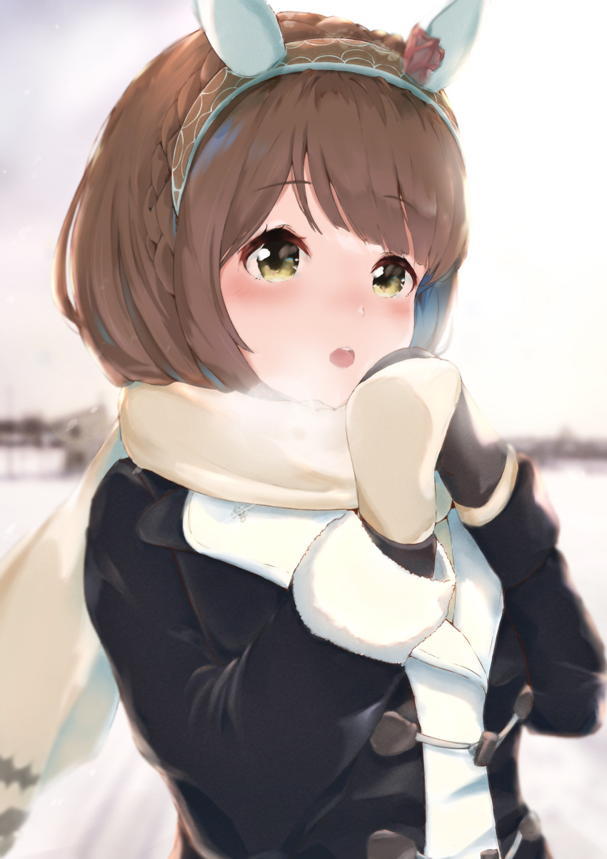1girl absurdres blurry blurry_background blush brown_hair commentary_request emr_bc green_eyes heavy_breathing highres horse_girl looking_at_viewer medium_hair mittens portrait scarf snow solo umamusume winter winter_clothes yukino_bijin_(umamusume)