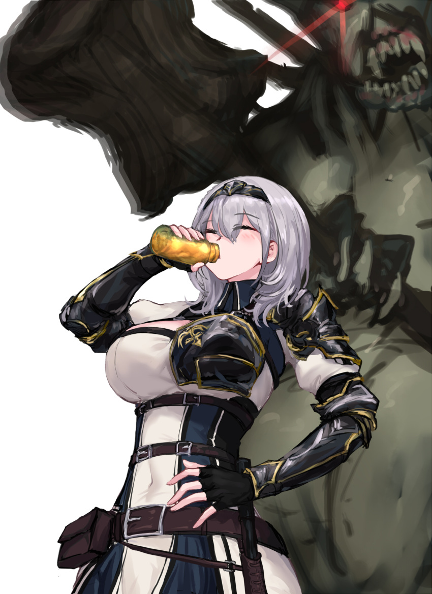 1girl armor armored_dress bangs belt belt_buckle belt_pouch black_gloves blush breasts brown_belt buckle character_request chest_guard chest_harness chinese_commentary circlet cleavage_cutout closed_eyes clothing_cutout collared_dress commentary_request covered_navel dark_souls_(series) dress drinking estus_flask eyebrows_visible_through_hair fingerless_gloves gloves gold_trim hair_between_eyes hand_on_hip harness highres hololive large_breasts leather_belt medium_hair partial_commentary pauldrons pouch shirogane_noel shoulder_armor simple_background single_pauldron solo upper_body utility_belt vambraces virtual_youtuber white_background white_hair wrist_guards yeklsa