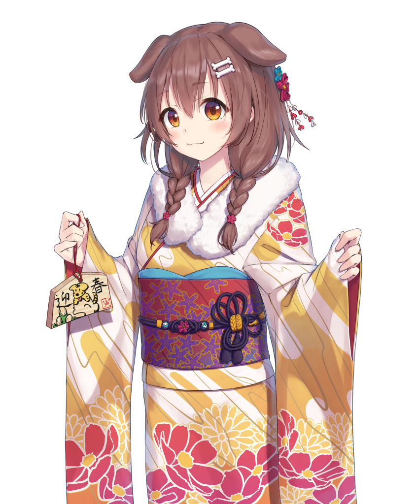 1girl :3 absurdres animal_ears bangs blush bone_hair_ornament braid brown_eyes brown_hair closed_mouth cowboy_shot dated dog_ears dog_girl extra_ears fur_scarf furisode hair_between_eyes hair_ornament hairclip highres hololive inugami_korone japanese_clothes kimono long_hair looking_at_viewer low_twin_braids new_year obi obiage obijime pinching_sleeves sash simple_background smile solo traveler_(artbbt) twin_braids twintails virtual_youtuber wide_sleeves