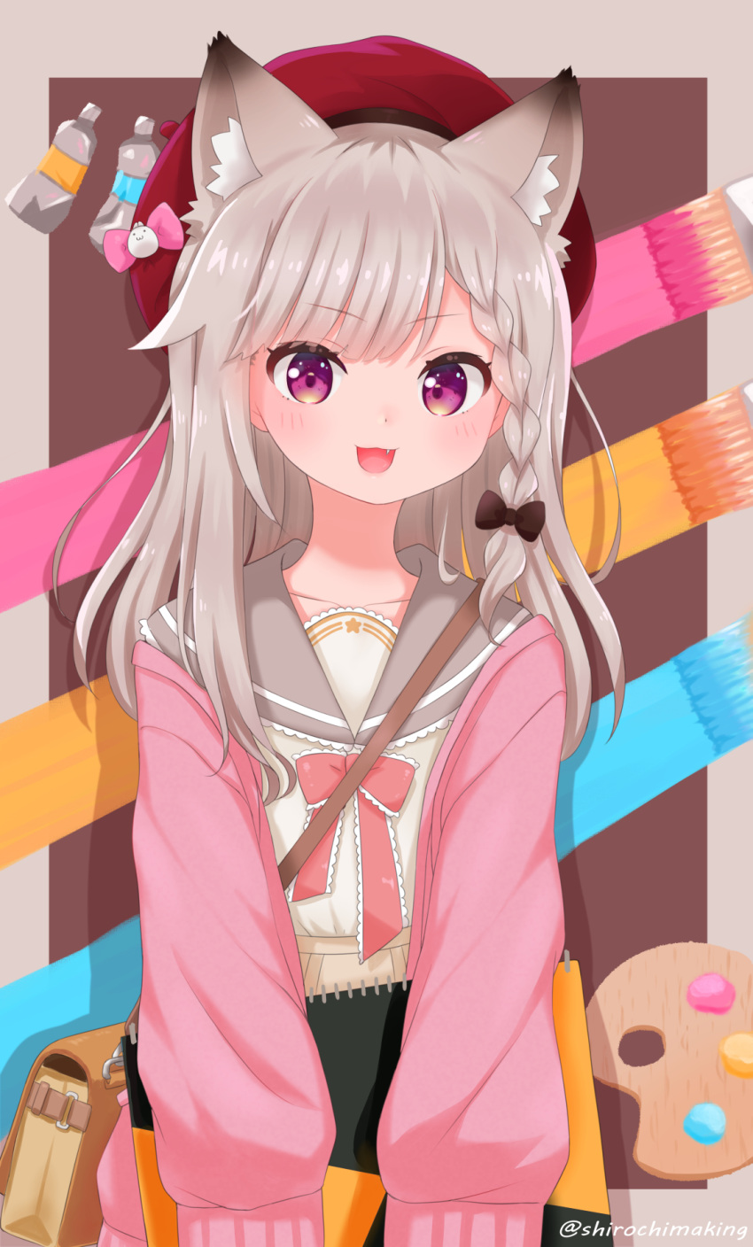 1girl :d animal_ears animare bag bottle cardigan fang fox_ears fox_tail grey_hair hat highres medium_hair messenger_bag notebook open_cardigan open_clothes paintbrush palette_(object) school_uniform serafuku shirochimaki shiromiya_mimi shirt shoulder_bag skirt smile tail twitter_username violet_eyes virtual_youtuber