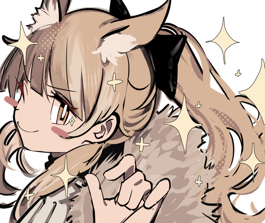 1girl ;) animal_ear_fluff animal_ears arknights bangs blush_stickers brown_eyes brown_hair closed_mouth eyebrows_visible_through_hair fur_trim hand_up highres long_hair looking_at_viewer one_eye_closed perfumer_(arknights) ponytail simple_background smile solo sparkle tetuw upper_body v-shaped_eyebrows white_background