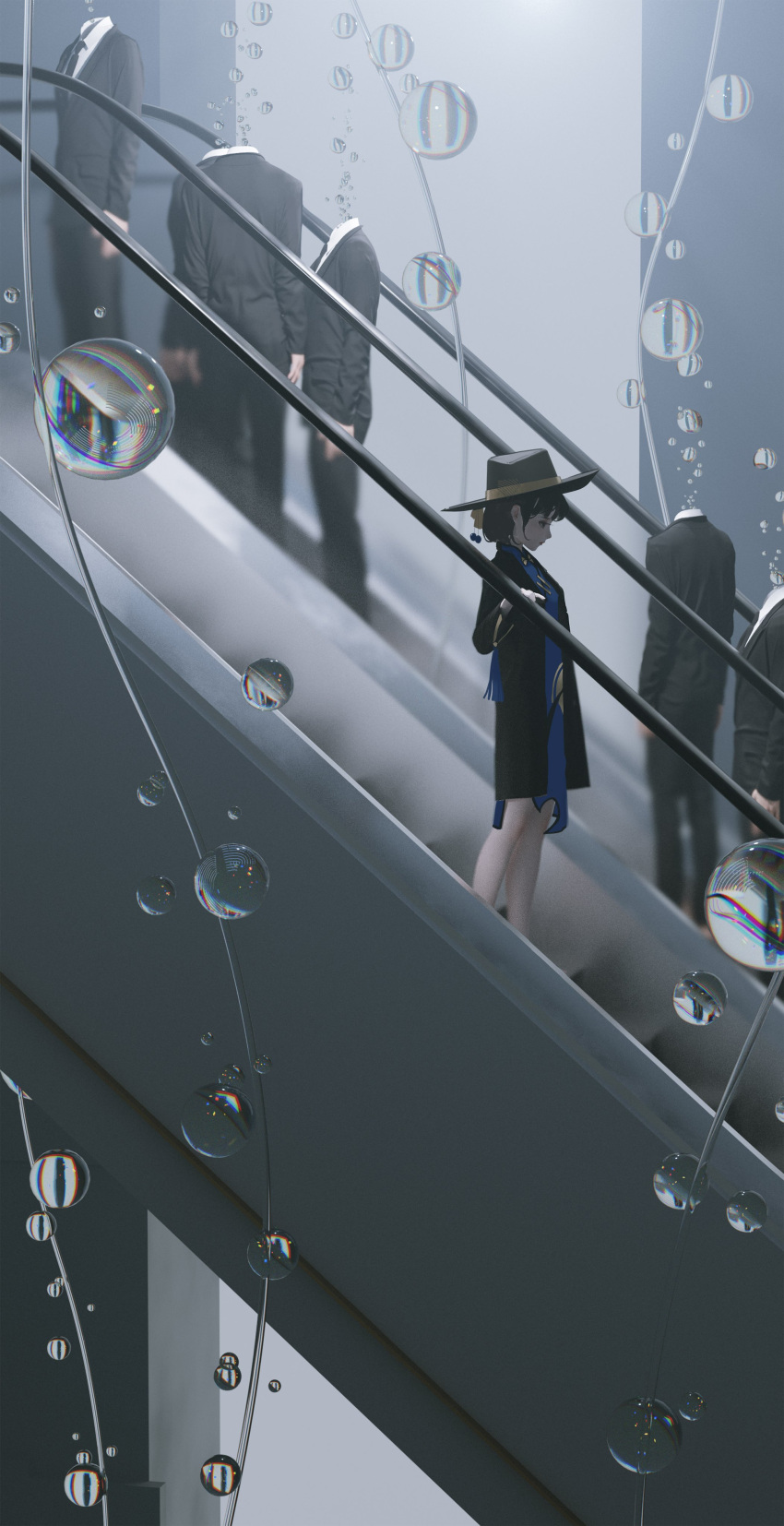 1girl 5boys absurdres black_coat blue_dress bubble china_dress chinese_clothes coat dress escalator formal hat headless highres multiple_boys original stairs suit surreal tuoer