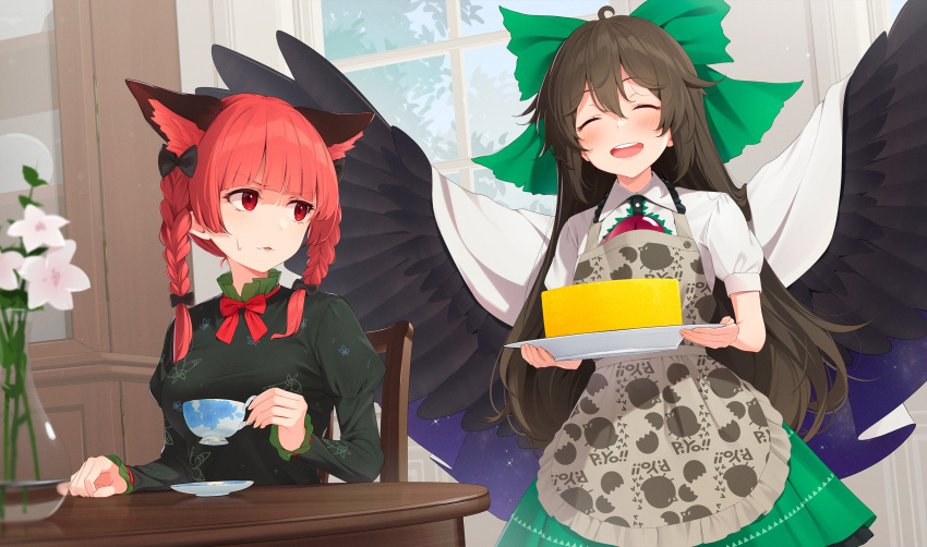 2girls ahoge animal_ears animal_print apron bangs bird_print black_bow blue_sky blush bow bowtie braid breasts brown_hair cake cat_ears chair chick_print cloak closed_eyes collared_shirt commentary_request cup curtains dress drink flower food frills gradient gradient_sky green_bow green_dress green_skirt grey_apron hair_between_eyes hair_bow hand_up hands_up highres indoors jar juliet_sleeves kaenbyou_rin kanpa_(campagne_9) leaf long_hair long_sleeves looking_at_another medium_breasts multiple_girls night night_sky open_mouth plate puffy_short_sleeves puffy_sleeves purple_sky red_bow red_bowtie red_eyes redhead reiuji_utsuho shirt short_sleeves sitting skirt sky smile space space_print standing star_(sky) star_(symbol) star_print starry_sky starry_sky_print sweat sweatdrop table teeth third_eye tongue touhou tray tree twin_braids wall white_cloak white_flower white_shirt window wings