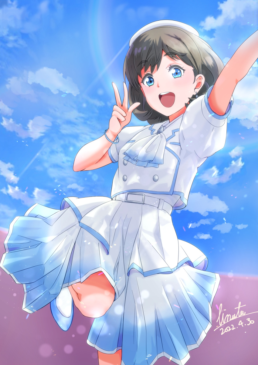 1girl :d arm_up ascot bangle belt belt_buckle blue_eyes blue_sky bob_cut bracelet brown_hair buckle buttons commentary dated double-breasted dress earrings eyebrows_visible_through_hair flipped_hair gradient_dress hand_up highres hinata2325 jacket jewelry layered_skirt lens_flare looking_at_viewer love_live! love_live!_superstar!! medium_dress puffy_short_sleeves puffy_sleeves short_sleeves signature skirt sky smile solo sunlight tang_keke teeth tongue upper_teeth w what_a_wonderful_dream!! white_ascot white_belt white_headwear white_jacket