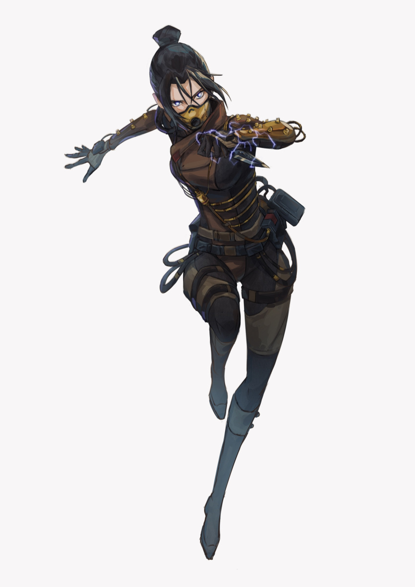 1girl absurdres airship_assassin_wraith apex_legends bangs black_hair blue_eyes breasts brown_bodysuit cable electricity floating_hair glowing glowing_eyes grey_background hair_behind_ear hair_bun highres holding holding_knife knife kunai mask medium_breasts mouth_mask official_alternate_costume open_hand parted_bangs running solo weapon wraith's_kunai wraith_(apex_legends) yaco_(085)