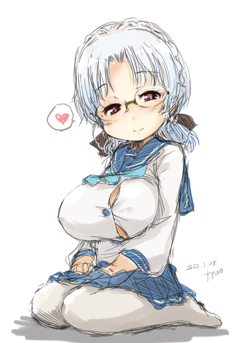 1girl absurdres alternate_breast_size blue_neckerchief blue_skirt breasts brown_eyes fyuo glasses gloves grey_hair heart highres hirato_(kancolle) kantai_collection large_breasts long_sleeves neckerchief pantyhose pleated_skirt school_uniform seiza serafuku short_hair simple_background sitting skirt solo spoken_heart wavy_hair white_background white_gloves white_legwear