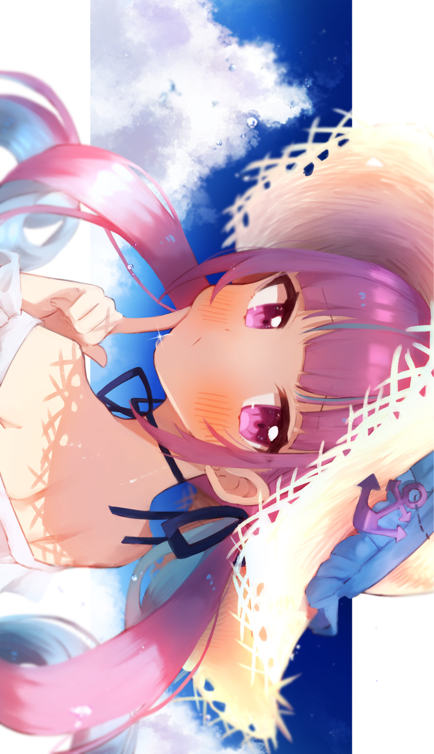 1girl absurdres anchor_symbol bangs bare_shoulders blue_hair blue_ribbon blunt_bangs blush closed_mouth clouds colored_inner_hair finger_to_cheek hair_ribbon hand_up hat highres hololive long_hair looking_at_viewer looking_to_the_side mashiro_io minato_aqua multicolored_hair off_shoulder pink_eyes pink_hair portrait ribbon sideways solo straw_hat sweat twintails virtual_youtuber