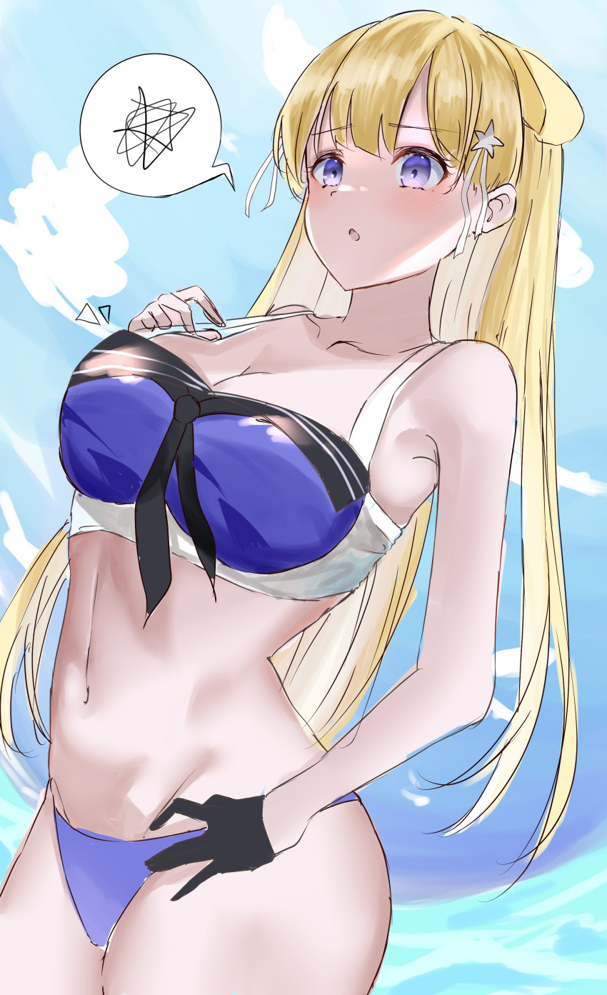 1girl absurdres bare_shoulders bikini blonde_hair breasts calin double_bun eyebrows_visible_through_hair fletcher_(kancolle) fletcher_mk_ii_(kancolle) gloves hair_bun hair_ornament highres kantai_collection large_breasts long_hair official_alternate_costume open_mouth star_(symbol) star_hair_ornament swimsuit violet_eyes